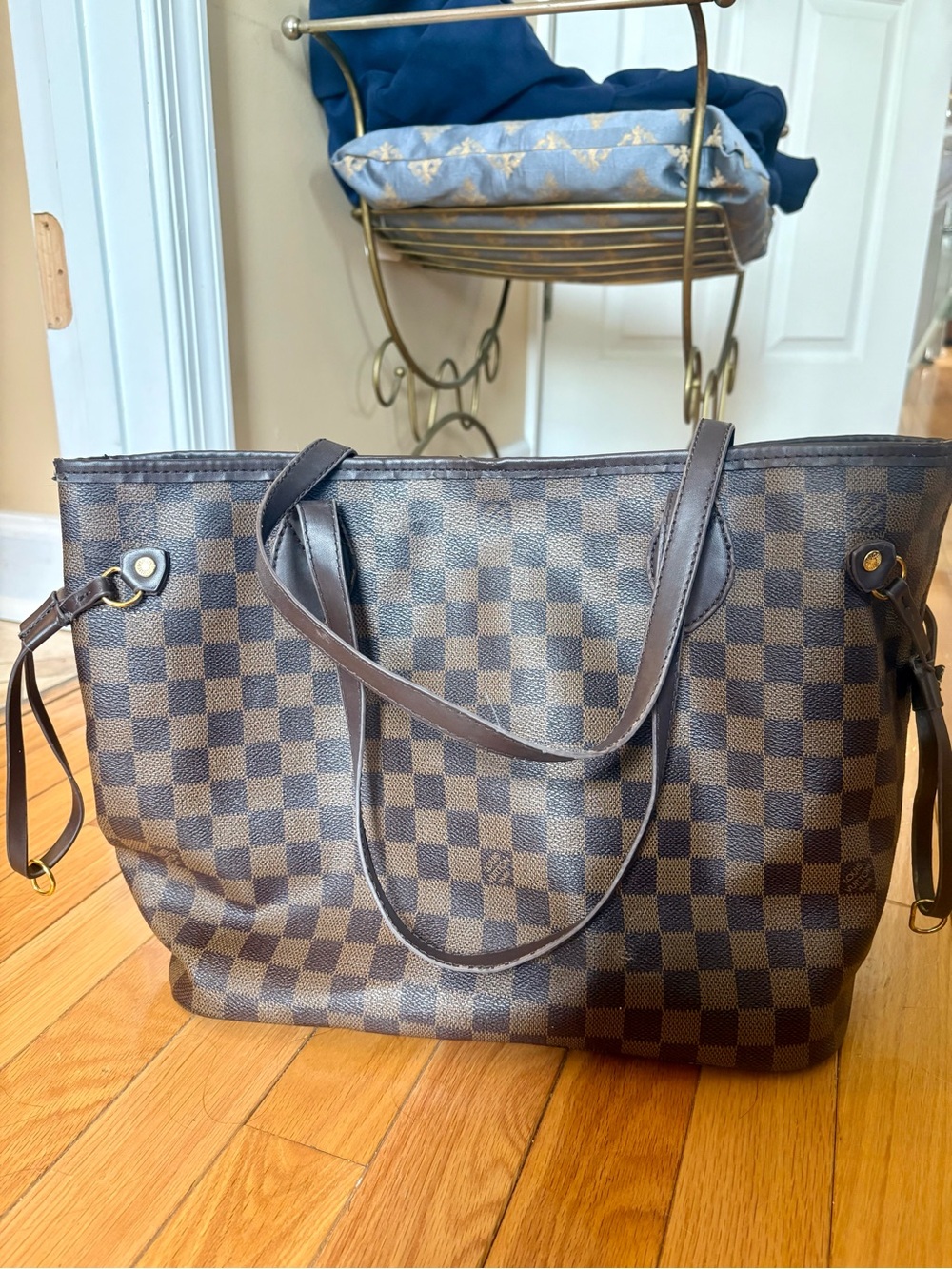 Luxury Inspired Brown Checkered Tote Bag - Classic Everyday Shoulder Bag